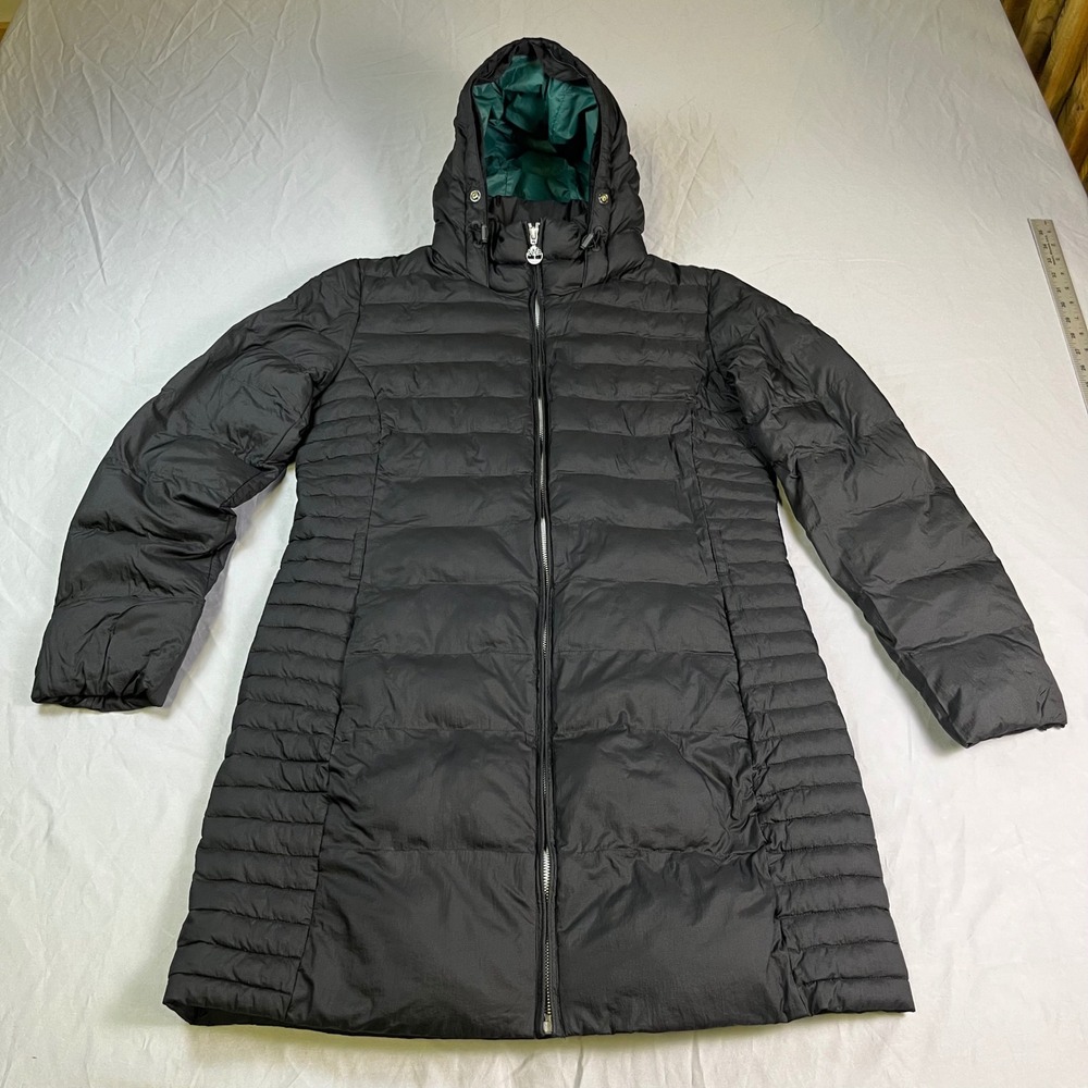 Timberland Womens Black Longline Puffer Jacket Hooded Teal Lining‎ Size Medium